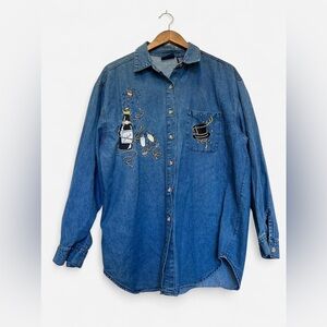 90s Embroidered Denim Shirt with Champagne Design